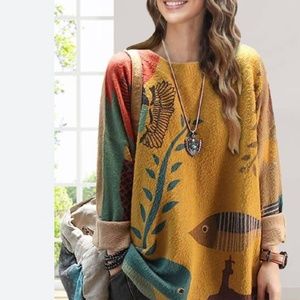 YESNO Graphic Fish Ocean Life Wool & Cotton Oversize Sweater